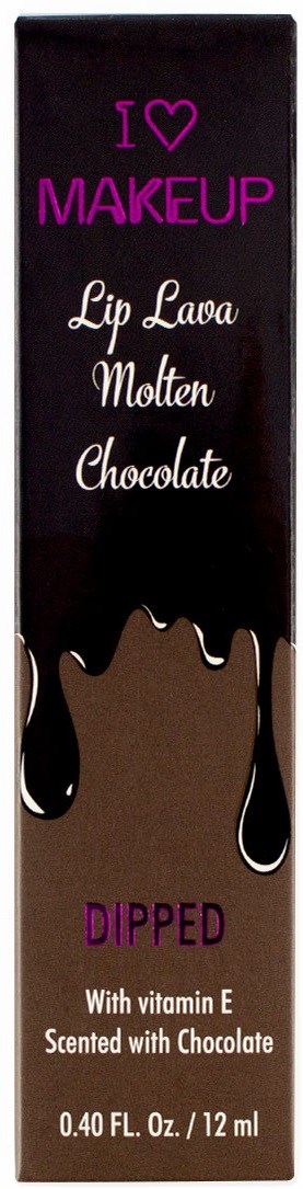 Suklaantuoksuinen huulipuna, jossa on tippuva suklaasuunnittelu, nimeltään 'Lip Lava Molten Chocolate' ja 'Dipped' E-vitamiinilla.