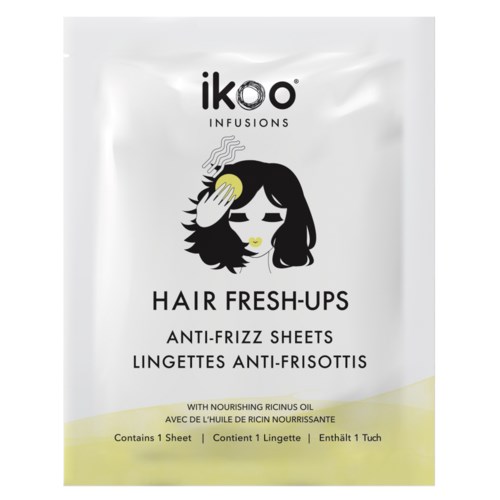 A white packet labeled 'ikoo infusions' for hair refreshers, with an illustration of a woman with long hair and a hair mask.