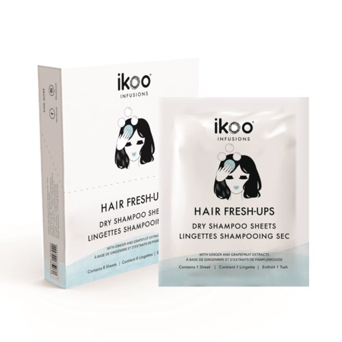 A box and a single sachet of Ikoo Hair Fresh-U dry shampoo with ginger and grapefruit extract.