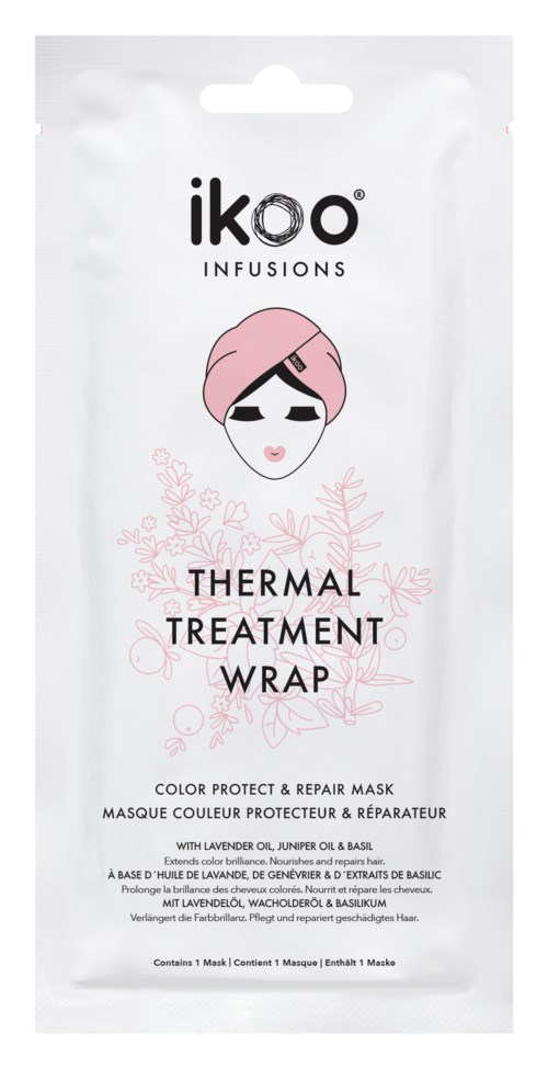 Ett vitt paket med en rosa illustration av en kvinna med solglasögon och huvudbonad, märkt 'Thermal Treatment Wrap'.