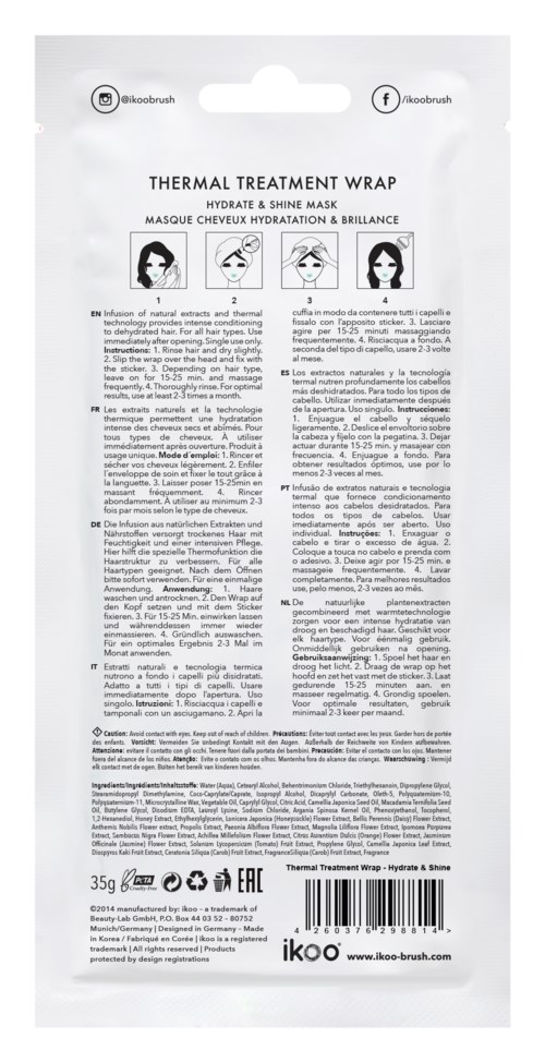 Ett vitt paket med svart text, visar instruktioner och information om en värmeterapiomslag. Det har ikoner och en streckkod.