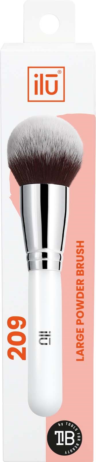 Grote make-up borstel in verpakking, witte steel met zwarte en witte borstels, gemarkeerd als 'large powder brush.'
