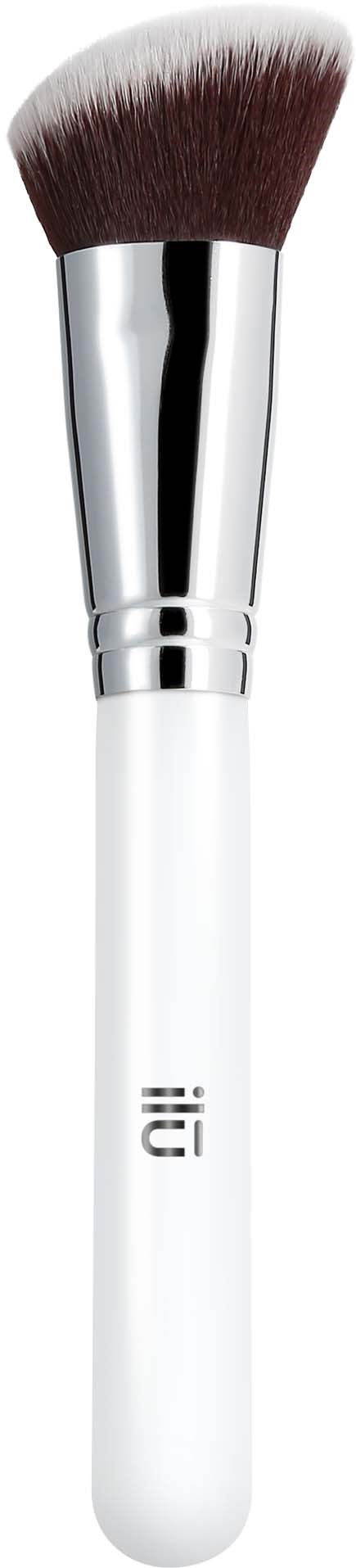A white makeup brush with a silver ferrule and brown bristles. It is upright against a black background.