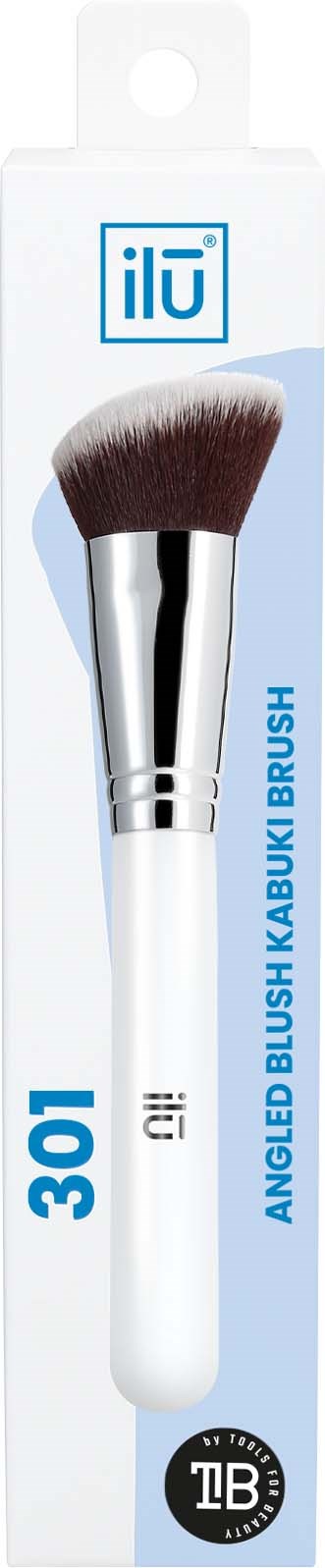 A makeup brush in box, labeled for blushing, with white handle and angled tip, size 30. Logo on box.