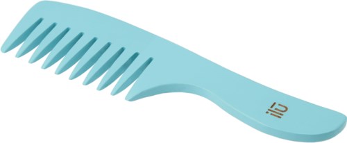 Vaaleansininen hiusharja, jossa on leveät hampaat ja kädensymboli, logo kahvassa.