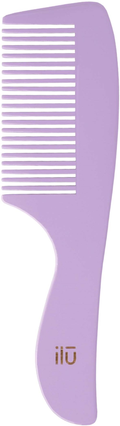 Violetti muotoiluharja, kädensävy, leveät hampaat ja logo alareunassa.