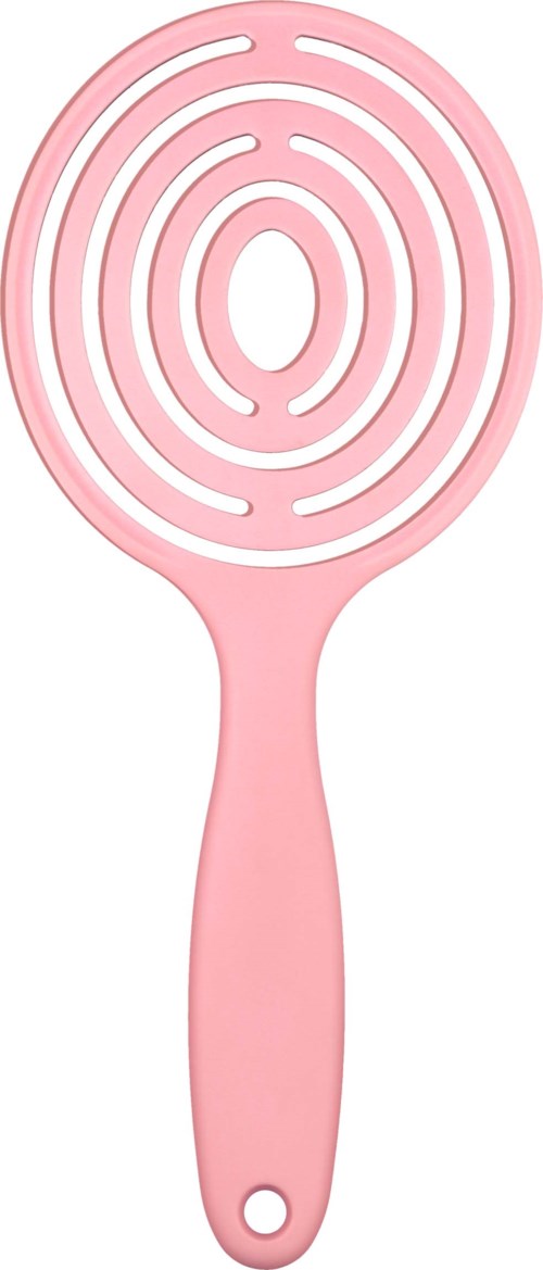 Ein rosa Silikonschneebesen mit Spiraldesign, zum Mischen von Getränken.