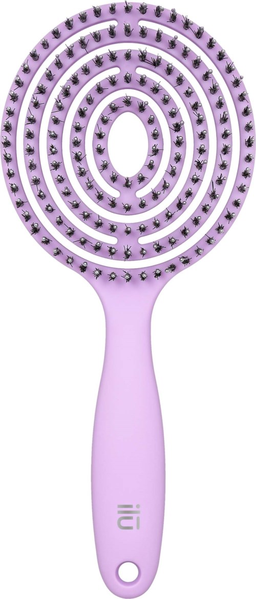 Een roze metalen kam met ronde tanden en handvat, bedoeld om haar te ontklitten.