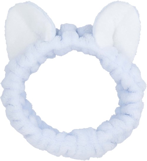 En fluffy hvit hodebånd med kaninører, laget av mykt materiale, brukt som pute eller kostymetilbehør.