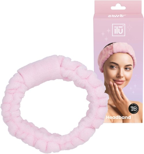 Rosa fluffy hodebånd vises med emballasje og en kvinne som har det på.