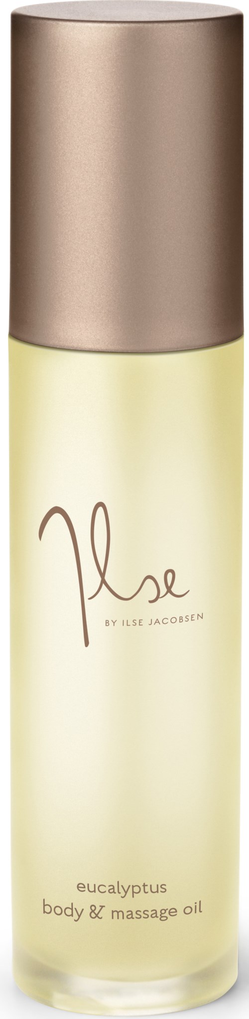 En lång, tydlig flaska med beige lock som innehåller ljusgul kroppsvågsolja. Etiketten visar 'Ylse' och 'body & massage oil.'