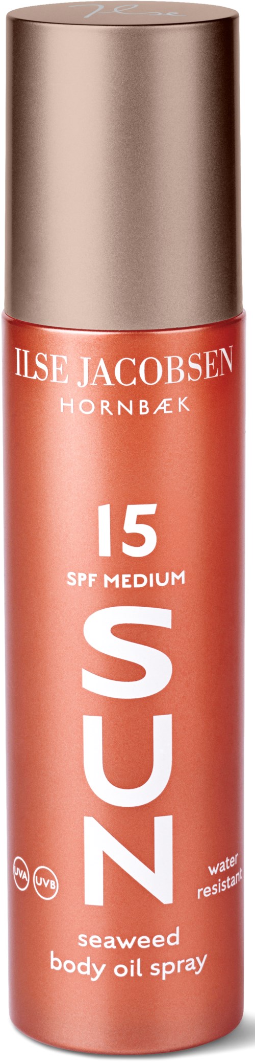 En kroppsoljespray med sjögräs i en röd-orange burk med beige lock, SPF 15, och märket Ilse Jacobsen.