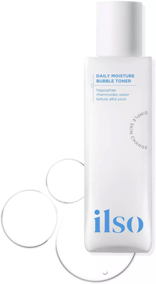 En hvit flaske merket daily moisture bubble toner med blå tekst, sammen med tre klare bobler.