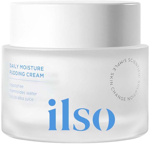 Vit kruka märkt 'daily moisture pudding cream' med blå text, inklusive ingredienser som jojoba, kamomiljevattnet och aloejuice.