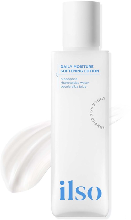 En vit flaska märkt "Daily Moisture Softening Lotion" med blå text, med en krämsmör bredvid.