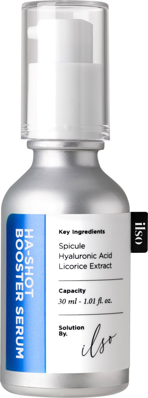 En liten, silverfärgad droppflaska med vit etikett som listar ingredienser och kapacitet, märkt "HA-SHOT BOOSTER SERUM."
