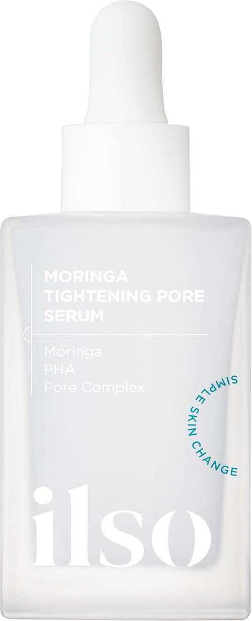 Eine weiße Flasche mit Tropfer, beschriftet 'Moringa Tightening Pore Serum' für Hautpflege.