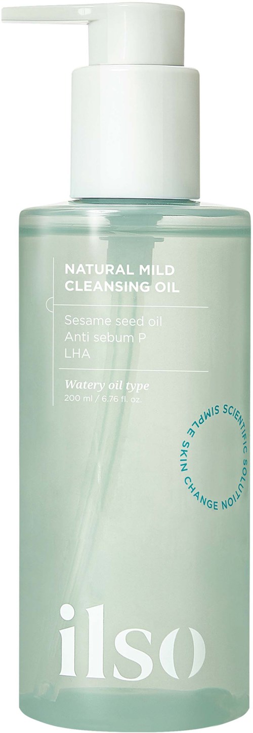 A clear pump bottle of skincare oil with white text and a blue circular logo, labeled as 'Natural Mild Cleansing Oil'.