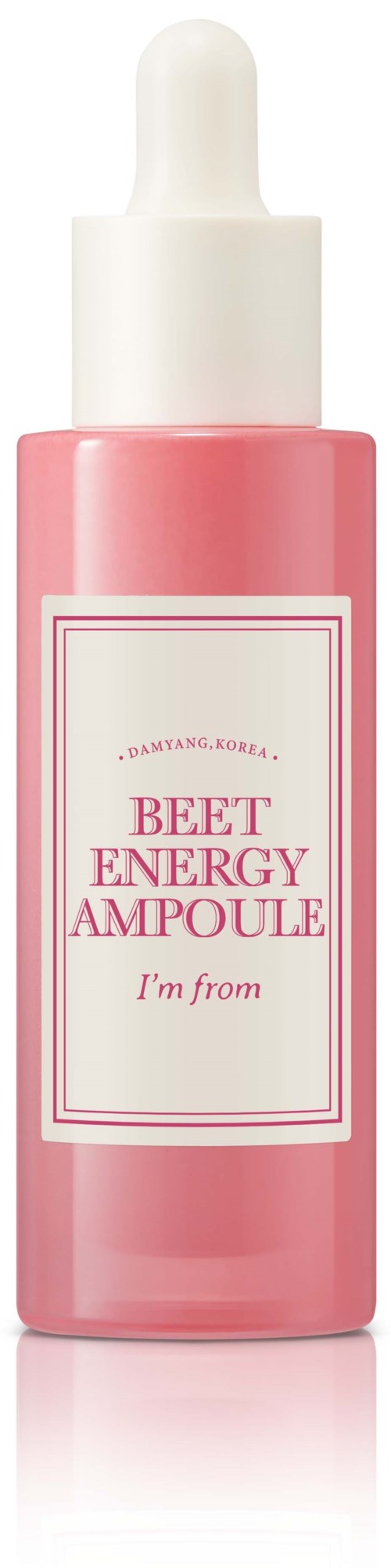 A pink bottle with a dropper and a label that says 'Beet Energy Ampoule' and 'I'm from.'