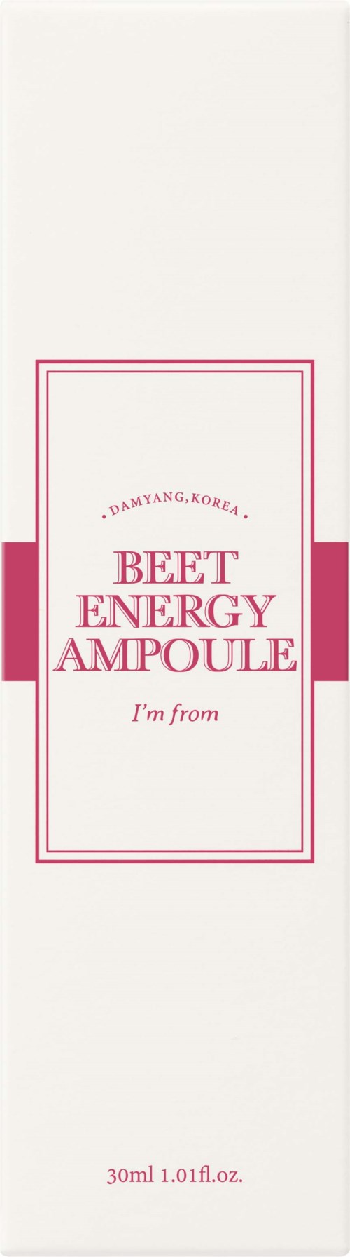 A white box with pink text that says 'Beet Energy Ampoule' and other details about origin and size.