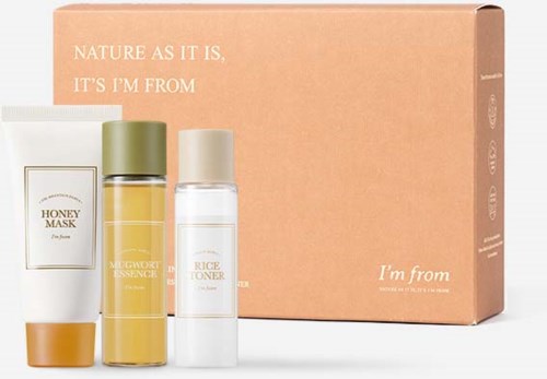 Skincare set with honey mask, essence, toner, and a pink box labeled "I'm from" and "Nature as it is."