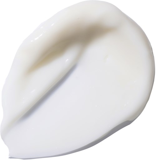 A dollop of white cream on a white surface, with a spoon shape and smooth texture.
