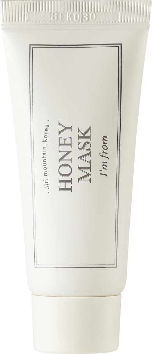 A white tube labeled 'Honey Mask' from Jir Mountain, Korea, with simple black text and a rectangular border.