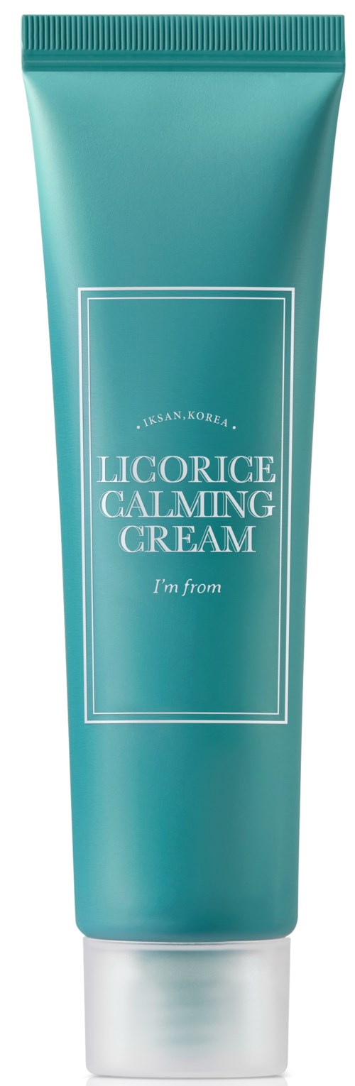 Tuba koloru turkusowego z Licorice Calming Cream z białym tekstem, stoi pionowo.