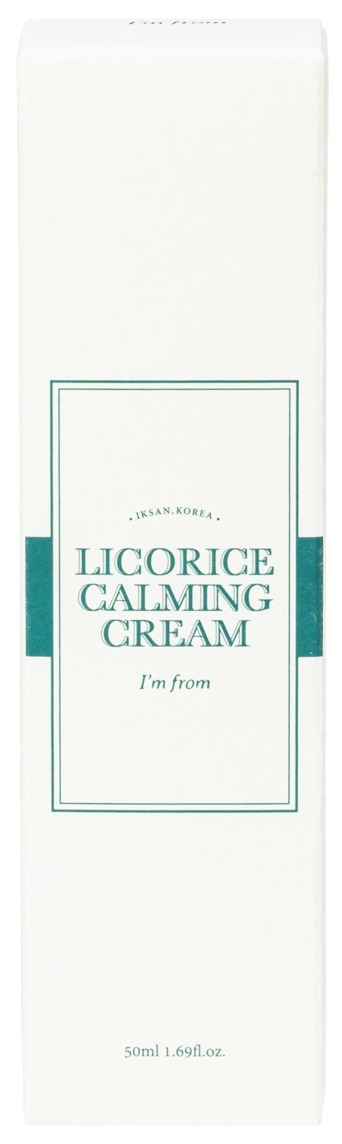 Białe opakowanie z jasnoniebieskim tekstem, który mówi Licorice Calming Cream i instrukcjami, skąd jesteś.