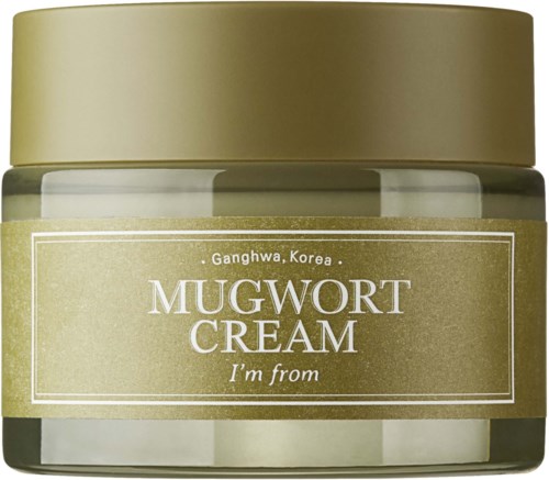 A jar of Mugwort Cream from Ganghwa, Korea, with a gold lid and label. It looks smooth and creamy.