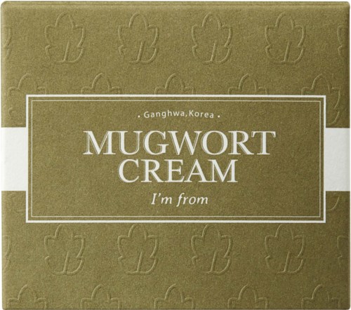A box of Mugwort Cream from Ganghwa, Korea with embossed leaf patterns on gold and white packaging.