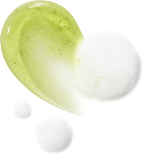 Två stora, sprakande bubblor med en mindre bubbla i närheten, en bubbla är halvt grön och den andra vit, på vit bakgrund.