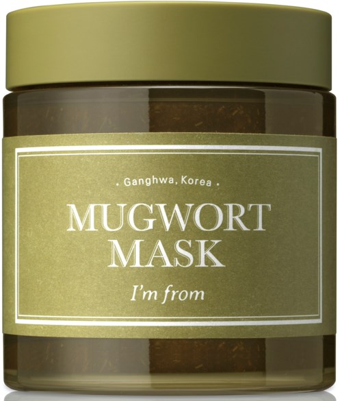 En grön burk märkt Mugwort Mask från Ganghwa, Korea, med guldkork och enkel design.