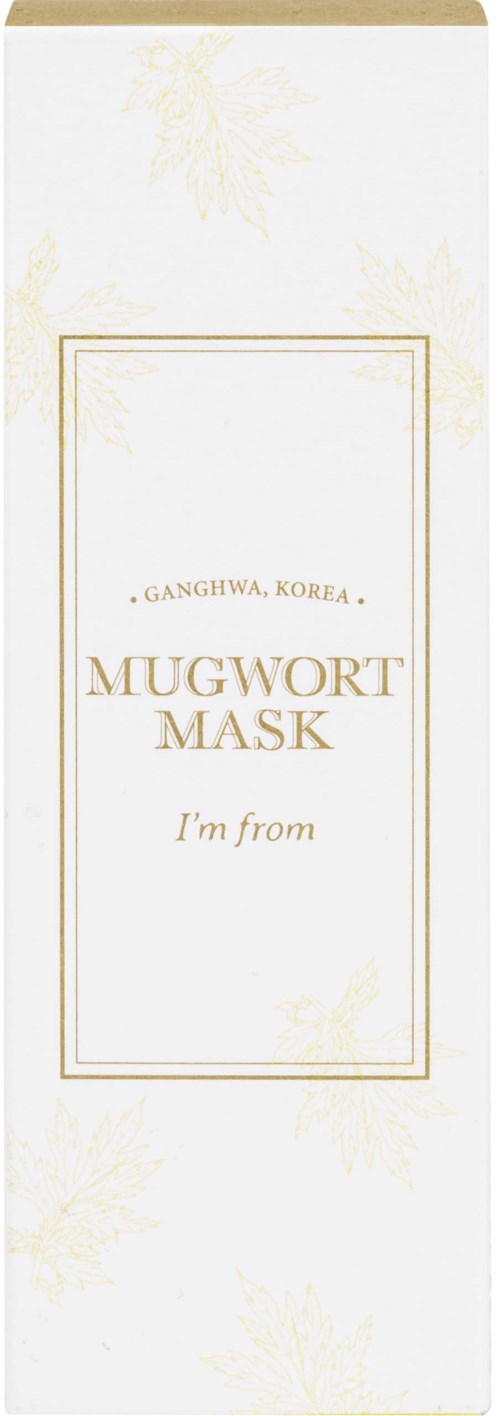 En vit låda med guldtext och dekorationer, kallad Mugwort Mask, från Korea, med utrymme för att skriva ett namn.