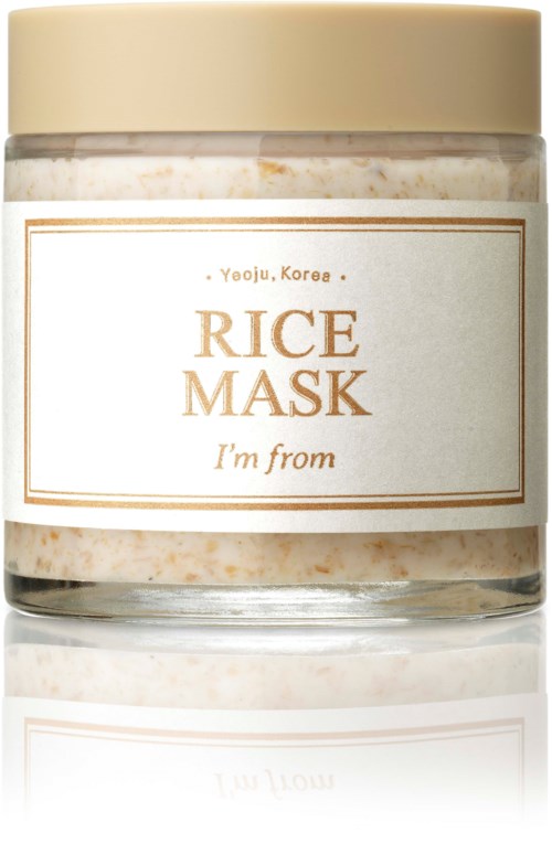 Ett hudvårdsburk märkt 'Rice Mask' med beige lock och enkel vit etikett. Den nämner Korea och att den kommer från YeaJu.