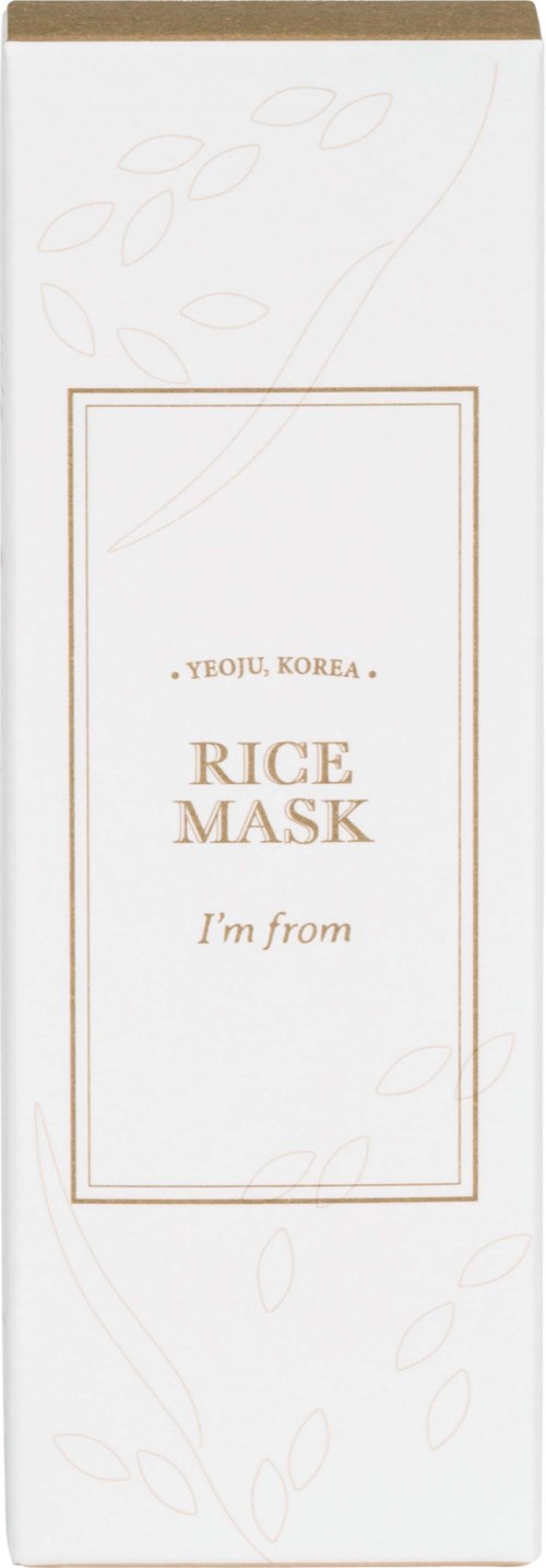 Een wit doosje met gouden tekst zegt 'Rice Mask. I'm from Yeoju, Korea.' Eenvoudig bladpatroon op de verpakking.