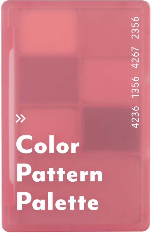 Een roze plastic palet met zes lege secties voor kleuren en witte tekst die zegt "Color Pattern Palette."