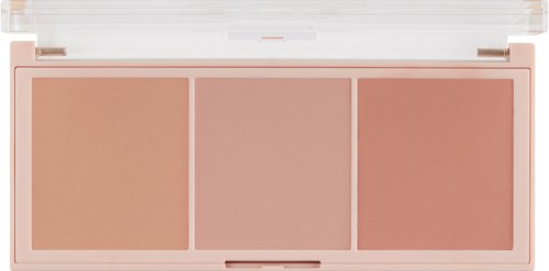 A makeup palette with three shades of pink and brown, in a light pink case with a mirror.