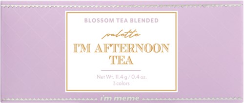 A tea box labeled 'I'm Afternoon Tea' with a pink and purple design, offering three colors of blossom tea blend.