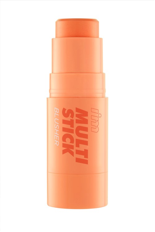 Ein pfirsichfarbener Behälter mit den Worten "MULTI STICK" und "BLUSH" darauf, für Make-up.