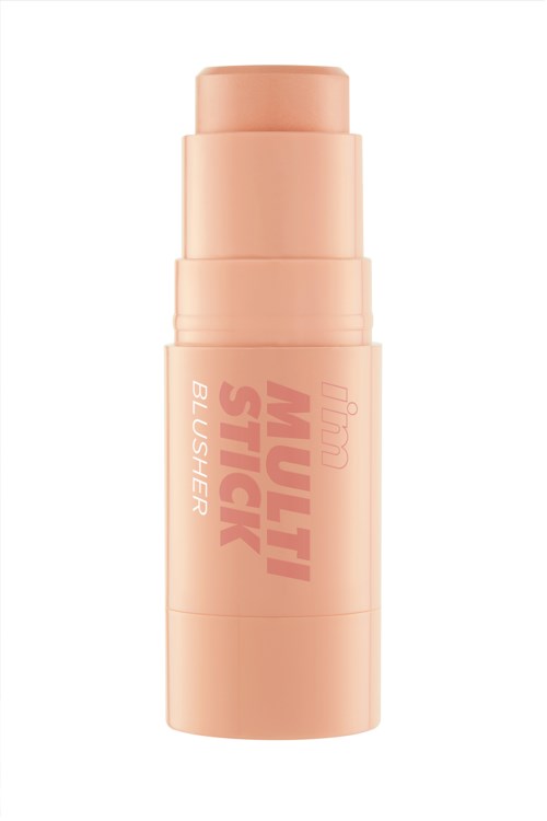 Ein pfirsichfarbener Stick mit orangefarbenem Text: 'MULTI STICK BLUSHER'. Sieht aus wie ein Make-up-Produkt.