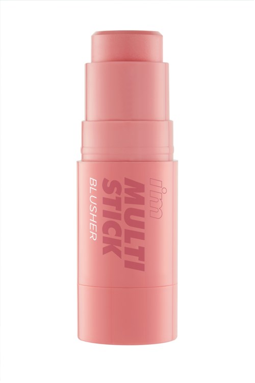 Pink cylindrical container with a pump, labeled 'Multi Stick Blusher' in bold pink and white text.