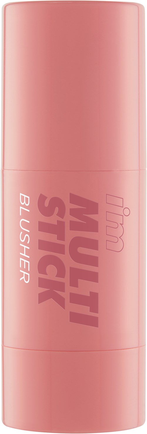 Pink cylindrical container with text saying 'Multi Stick Blusher' and some brand information.