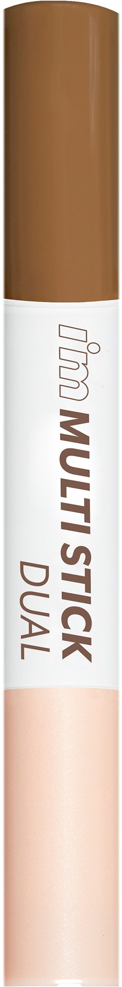 En dubbelfärgad makeup-penna med brun lock och ljusrosa etikett, märkt "Multi Stick DUAL".