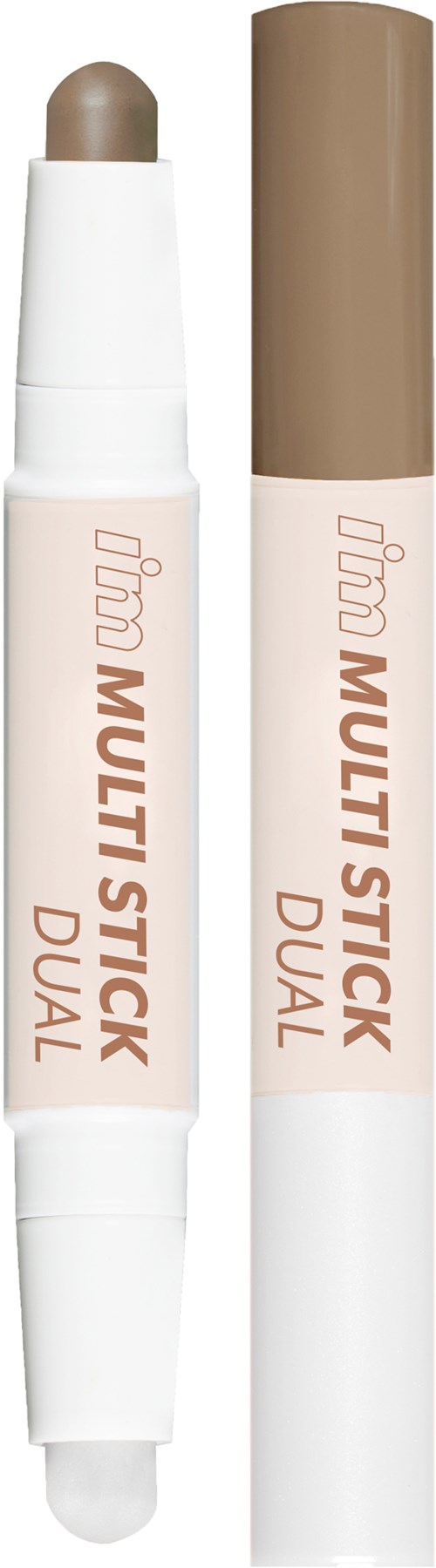 Två multi-sticka dualkritor, en med beige nyans, den andra med matchande lock, märkta "Multi Stick Dual".