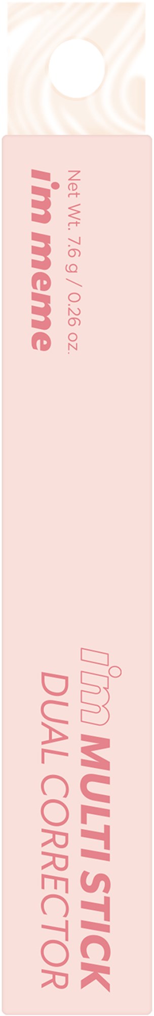 Rosa etikett med tekst som angir ansiktsprodukt, nevner 'I'm Mume' og 'Dual Corrector'.