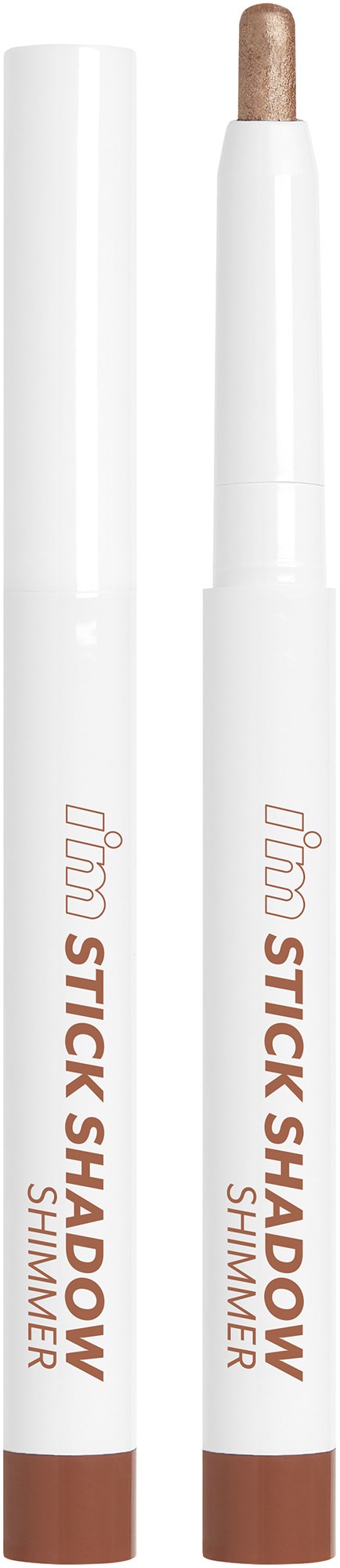 Valkoinen kynä, jossa on ruskea pää, ja teksti 'Balm Stick Shadow Shimmer'.