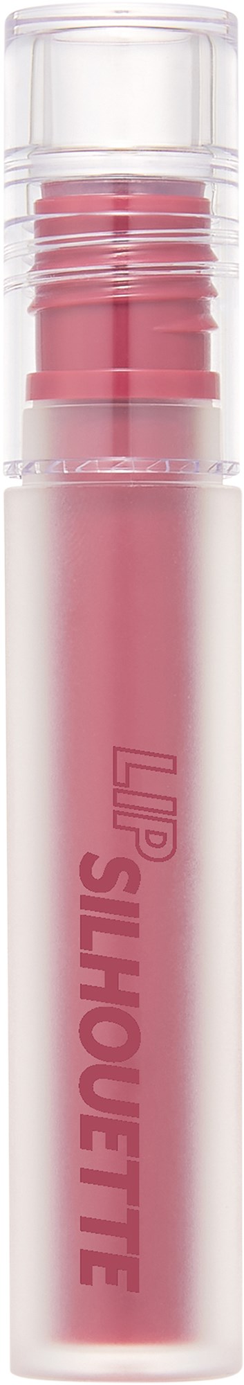 Väriltä lipgloss putkilossa, jossa hopeinen korkki ja teksti 'LIP SILHOUETTE' pinkkin kirjaimin.