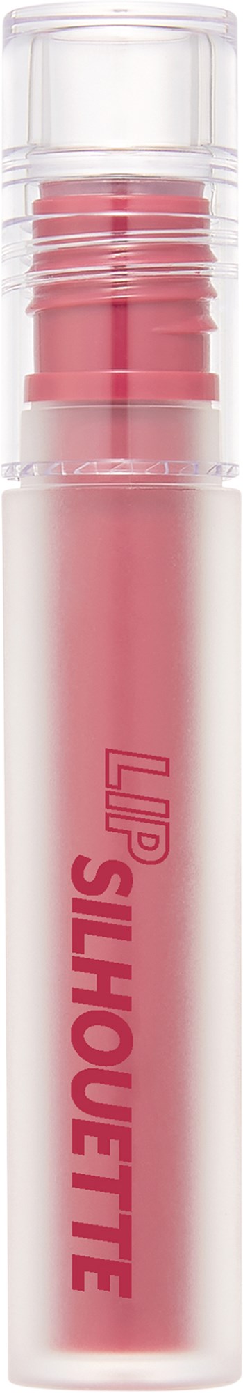 Pinkki huulten kiiltokuulapullo, jossa on läpinäkyvä korkki ja teksti "LIP SILHOUETTE".