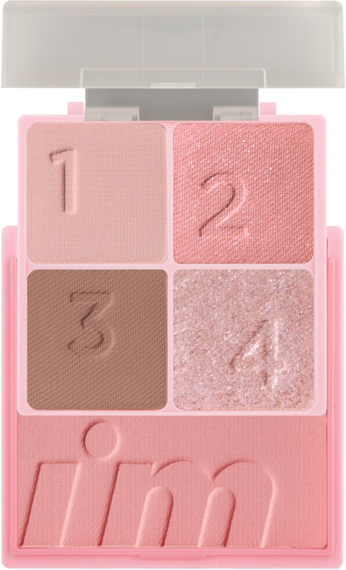 Tärkeä pinkki meikkipaletti, jossa on neljä sävyä numeroilla 1-4 ja suuri logo alhaalla.
